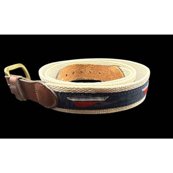 Leather Man Ltd. Belt Mens Size 42 Navy Leather Brass Buckle Woven Sailboat - Picture 10 of 16